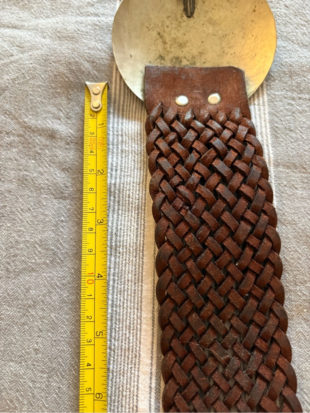 Woven Cognac Brown Leather Belt with Decorative Metal and Stone Buckle - Picture 5 of 9